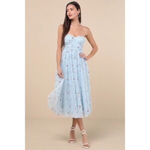 Lulus Light Blue Floral Embroidered Tulle Strapless Corset Midi Dress size M